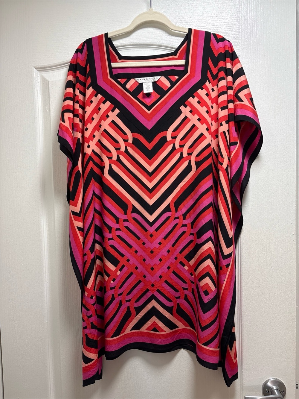Trina Turk Pink Geometric Silk Caftan Mini Dress Resort Beach Summer Size XS -S
